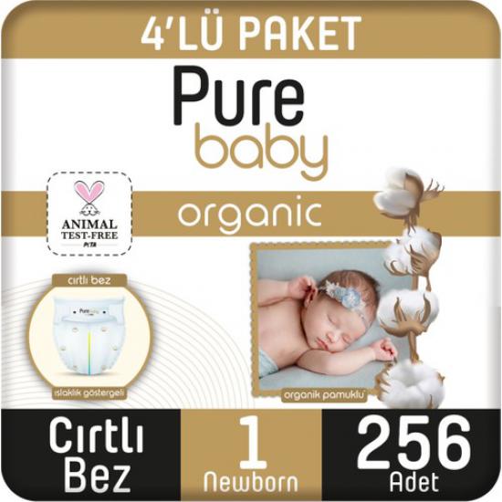 Pure Baby Organik Pamuklu Cırtlı Bez 4’lü Paket 1 Numara Yenidogan 256 Adet
