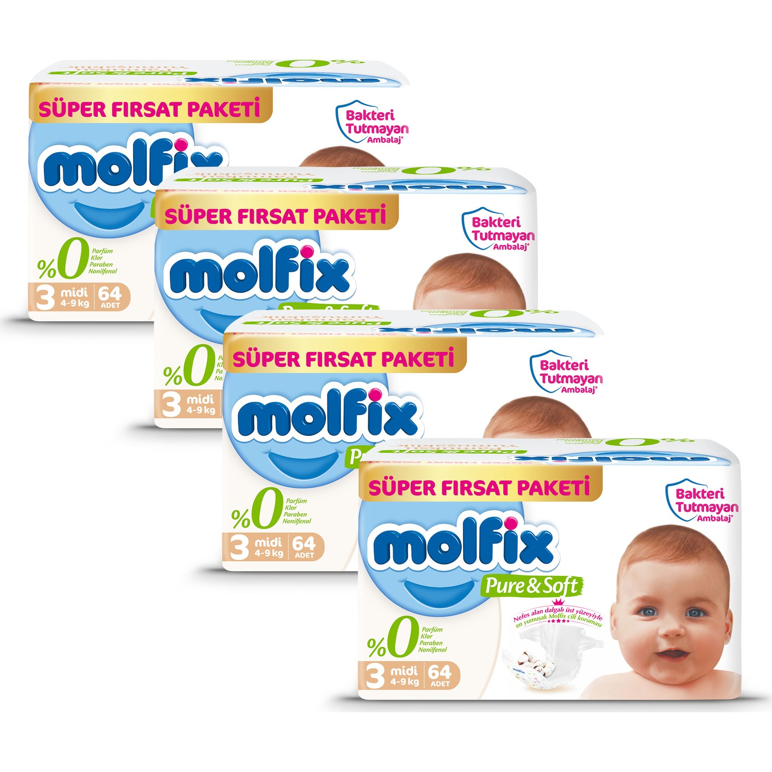 Molfix Pure&Soft 3 Beden Midi 2 Aylık Fırsat Paketi 256 Adet