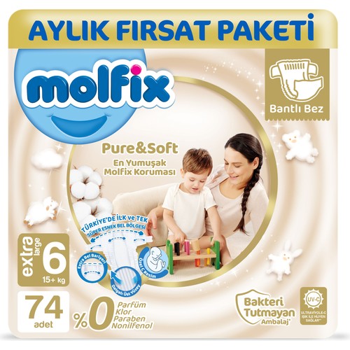 Molfix Pure&soft 6 Beden E.large Aylık Fırsat Paketi 74 Adet