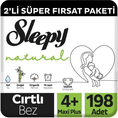 Sleepy Natural 2’li Süper Fırsat Paketi Bebek Bezi 4+ Numara Maxi Plus 198 Adet
