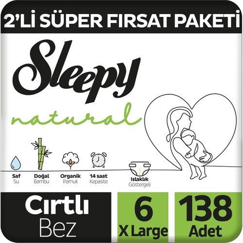 Sleepy Natural 2’li Süper Fırsat Paketi Bebek Bezi 6 Numara Xlarge 138 Adet