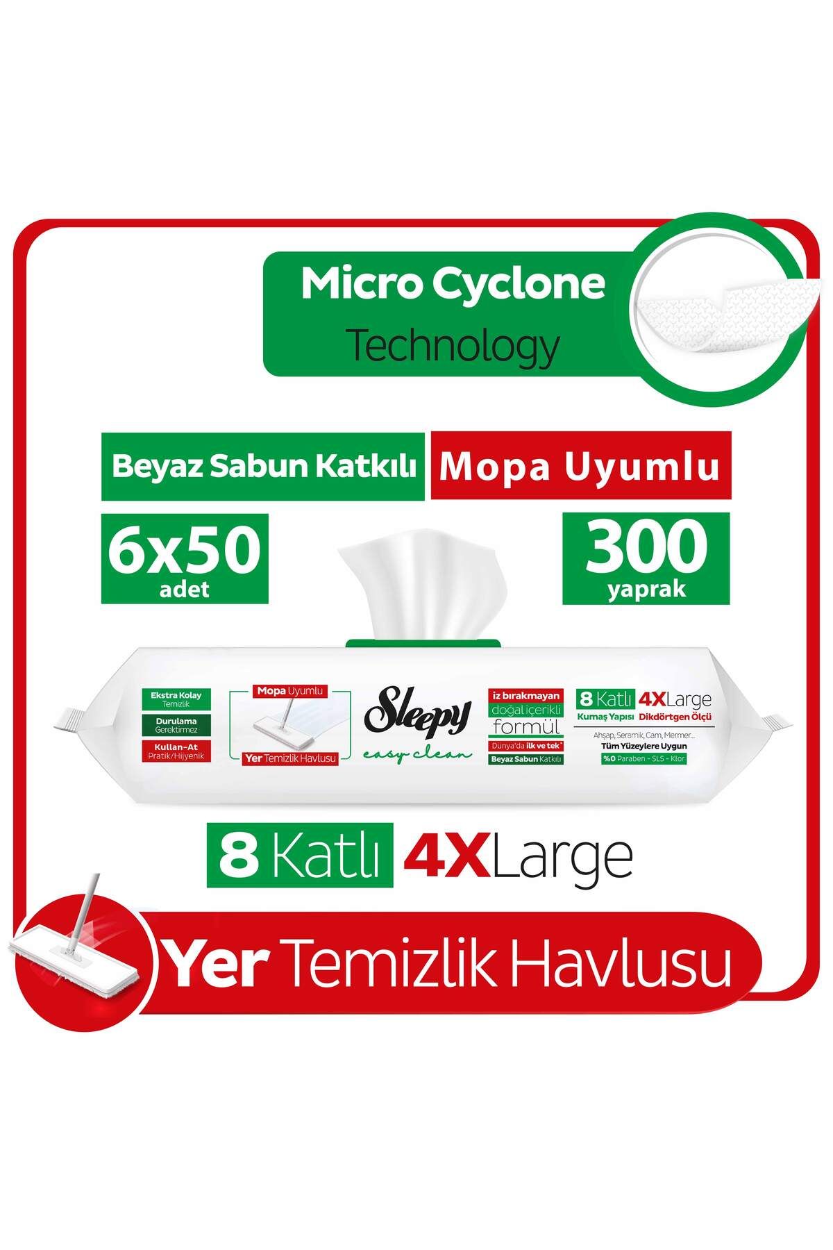 Sleepy Easy Clean Beyaz Sabun Katkılı Mopa Uyumlu Yer Temizlik Havlusu 6X50 (300 Yaprak)