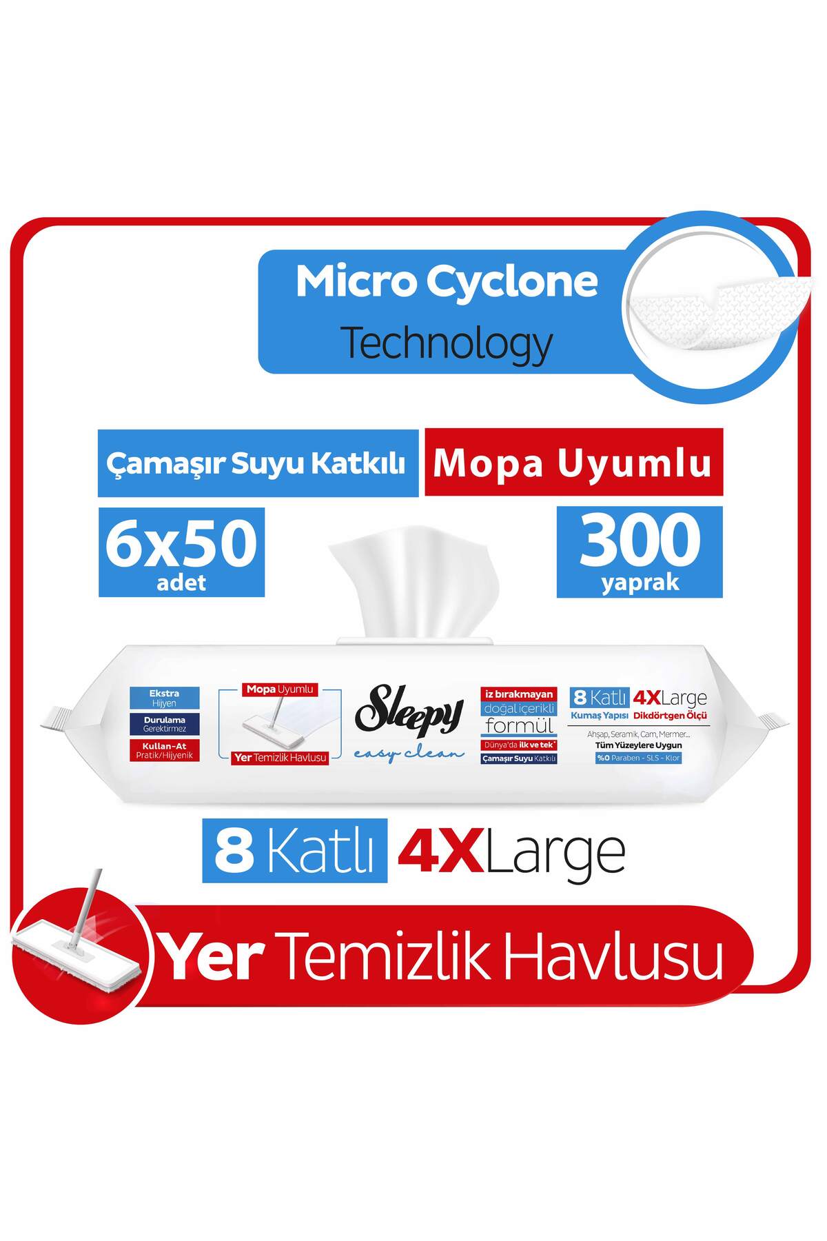 Sleepy Easy Clean Çamaşır Suyu Katkılı Mopa Uyumlu Yer Temizlik Havlusu 6X50 (300 Yaprak)