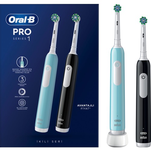 Oral-B Pro Series 1 İkili Paket, Siyah ve Mavi Elektrikli Diş Fırçaları, 2 Diş Fırçası Başlığı, Braun Tasarımı