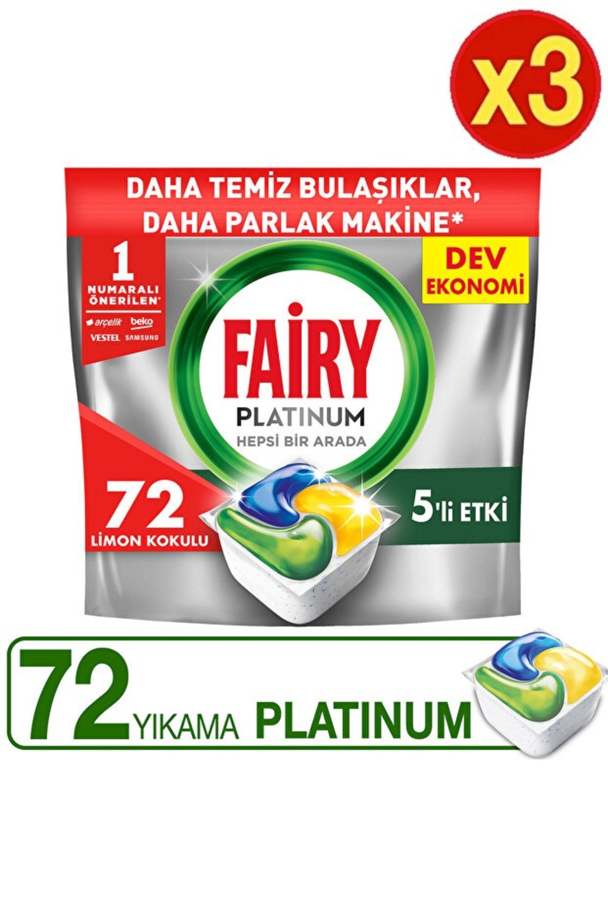 Fairy Platinum Limon Kokulu Bulaşık Makinesi Deterjanı Kapsülü 72 Yıkama x3