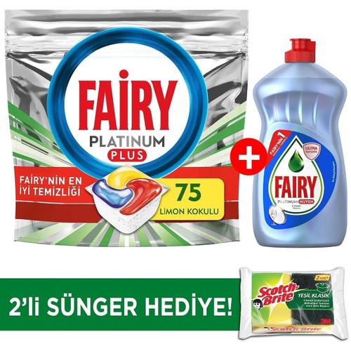 Fairy Platinum Plus Bulaşık Makinesi 75’li Kapsül + Fairy 500 ml Sıvı + Sünger