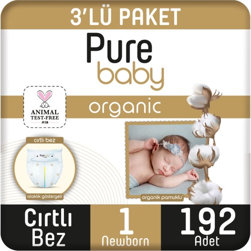 Pure Baby Organik Pamuklu Cırtlı Bez 3’lü Paket 1 Numara Yenidogan 192 Adet