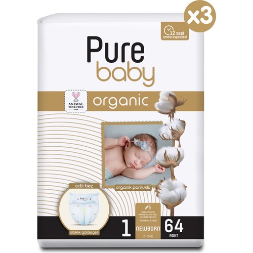 Pure Baby Organik Pamuklu Cırtlı Bez 3’lü Paket 1 Numara Yenidogan 192 Adet