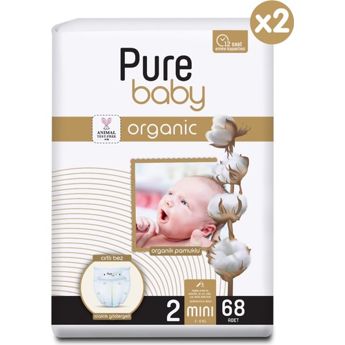 Pure Baby Organik Pamuklu Cırtlı Bez 2’li Paket 2 Numara Mini 136 Adet