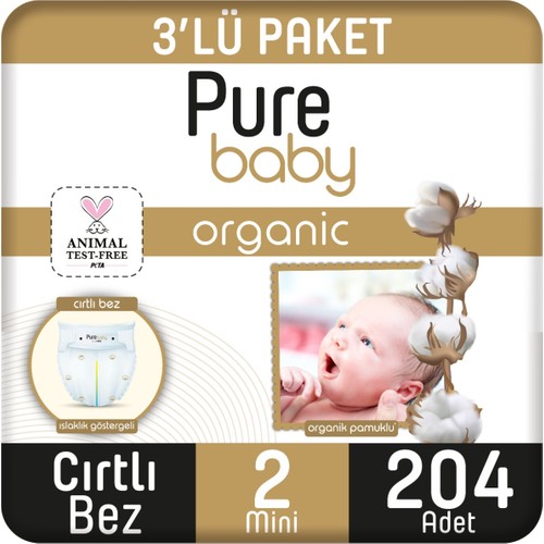 Pure Baby Organik Pamuklu Cırtlı Bez 3’lü Paket 2 Numara Mini 204 Adet