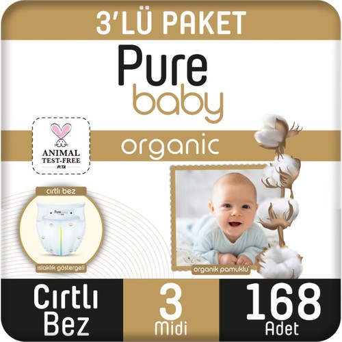 Pure Baby Organik Pamuklu Cırtlı Bez 3’lü Paket 3 Numara Midi 168 Adet