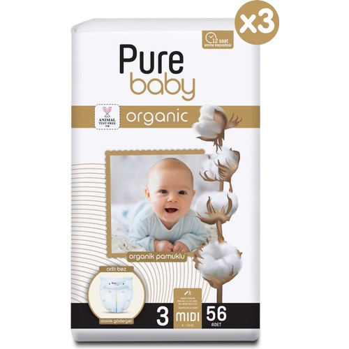 Pure Baby Organik Pamuklu Cırtlı Bez 3’lü Paket 3 Numara Midi 168 Adet