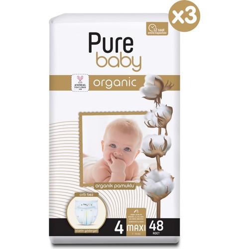 Pure Baby Organik Pamuklu Cırtlı Bez 3’lü Paket 4 Numara Maxi 144 Adet