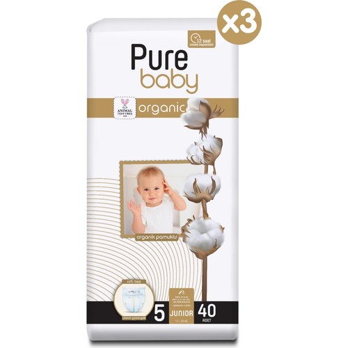Pure Baby Organik Pamuklu Cırtlı Bez 3’lü Paket 5 Numara Junior 120 Adet