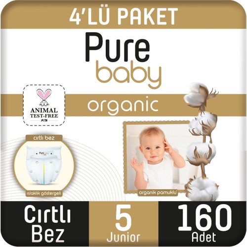 Pure Baby Organik Pamuklu Cırtlı Bez 4’lü Paket 5 Numara Junior 160 Adet