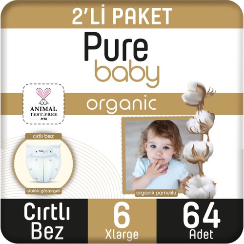 Pure Baby Organik Pamuklu Cırtlı Bez 2’li Paket 6 Numara Xlarge 64 Adet