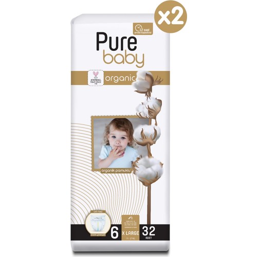 Pure Baby Organik Pamuklu Cırtlı Bez 2’li Paket 6 Numara Xlarge 64 Adet