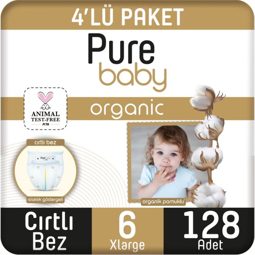 Pure Baby Organik Pamuklu Cırtlı Bez 4’lü Paket 6 Numara Xlarge 128 Adet