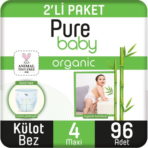 Pure Baby Organik Bambu Özlü Külot Bez 2’li Paket 4 Numara Maxi 96 Adet