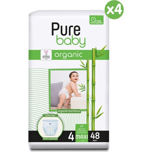 Pure Baby Organik Bambu Özlü Külot Bez 4’lü Paket 4 Numara Maxi 192 Adet