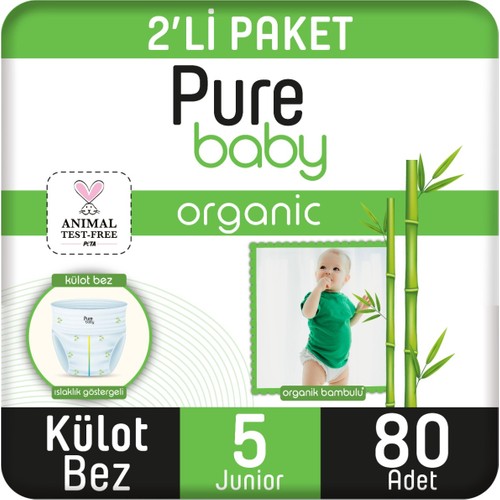 Pure Baby Organik Bambu Özlü Külot Bez 2’li Paket 5 Numara Junior 80 Adet