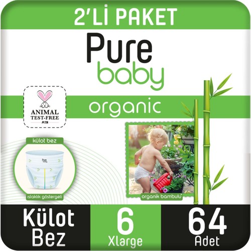 Pure Baby Organik Bambu Özlü Külot Bez 2’li Paket 6 Numara Xlarge 64 Adet