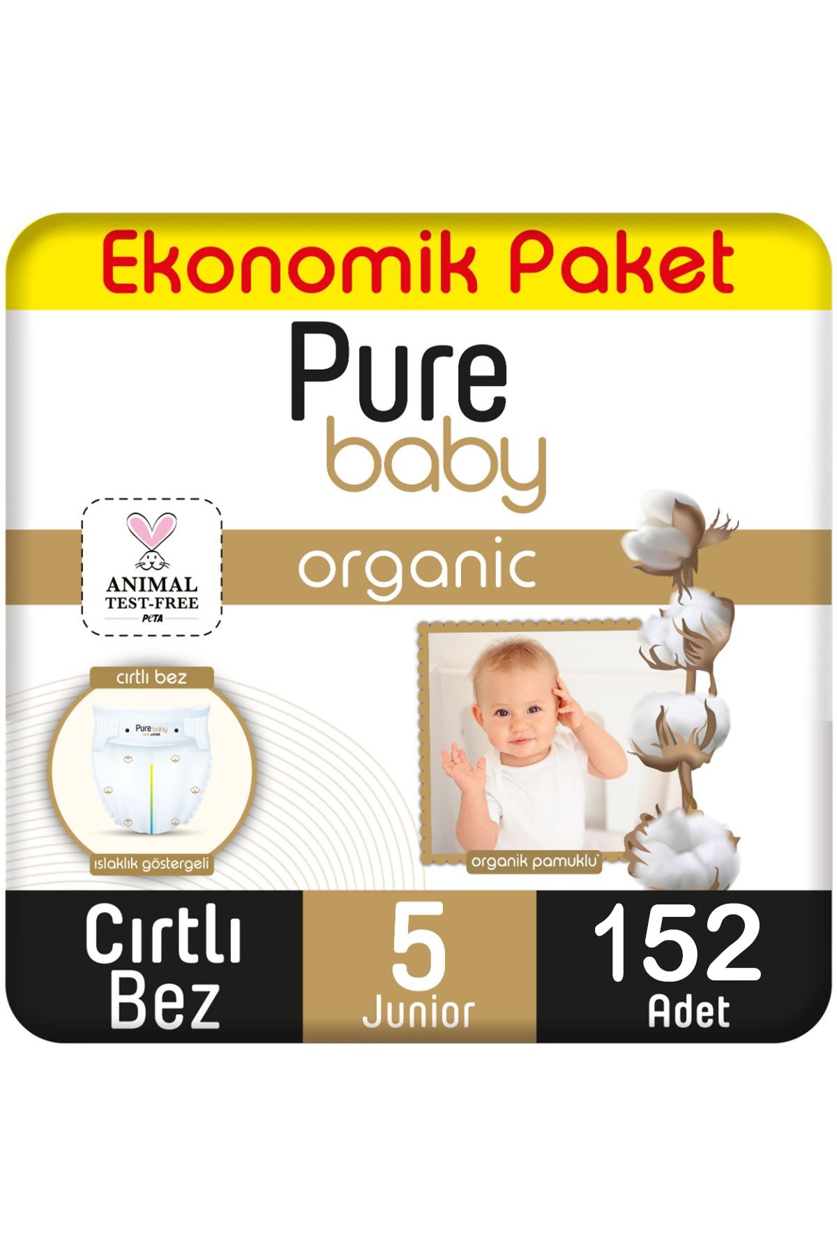 Pure Baby Organik Pamuklu Cırtlı Bez Ekonomik Paket 5 Numara Junior 152 Adet