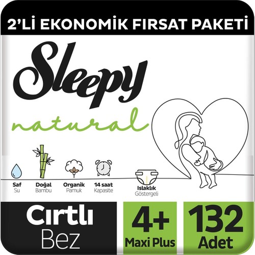 Sleepy Natural 2’li Ekonomik Fırsat Paketi Bebek Bezi 4+ Numara Maxi Plus 132 Adet