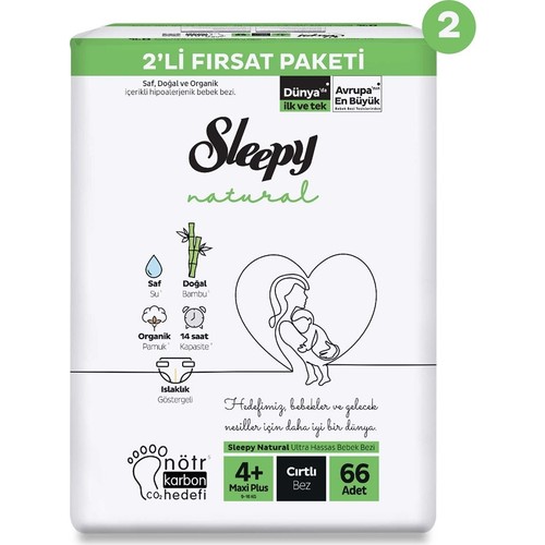 Sleepy Natural 2’li Ekonomik Fırsat Paketi Bebek Bezi 4+ Numara Maxi Plus 132 Adet