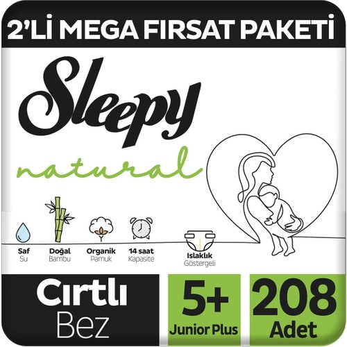 Sleepy Natural 2’li Mega Fırsat Paketi Bebek Bezi 5+ Numara Junior Plus 208 Adet