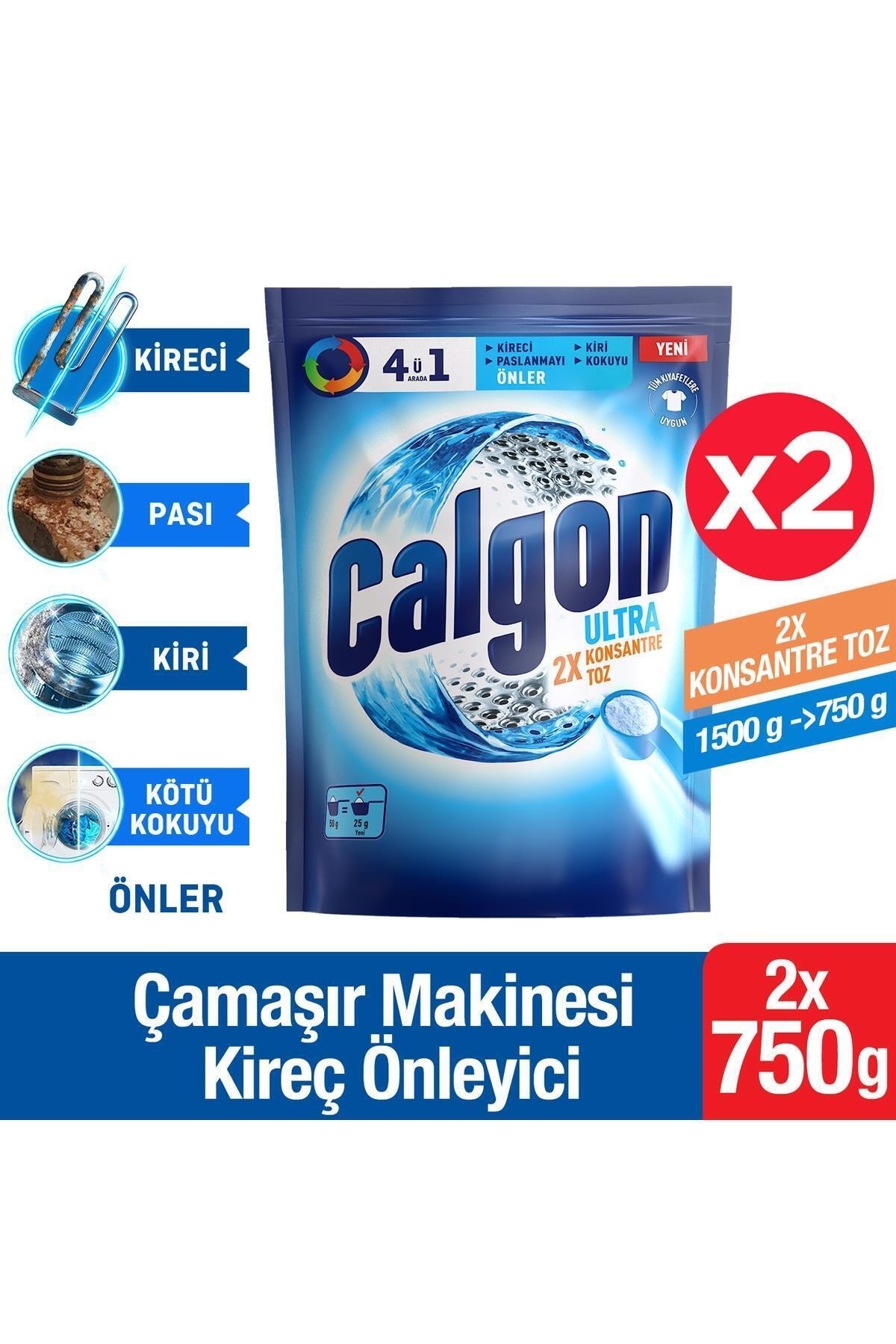 Calgon Power Kir, Pas, Kireç ve Koku Önleyici 4’ü 1 Arada Ultra Konsantre Toz 750 g x 2