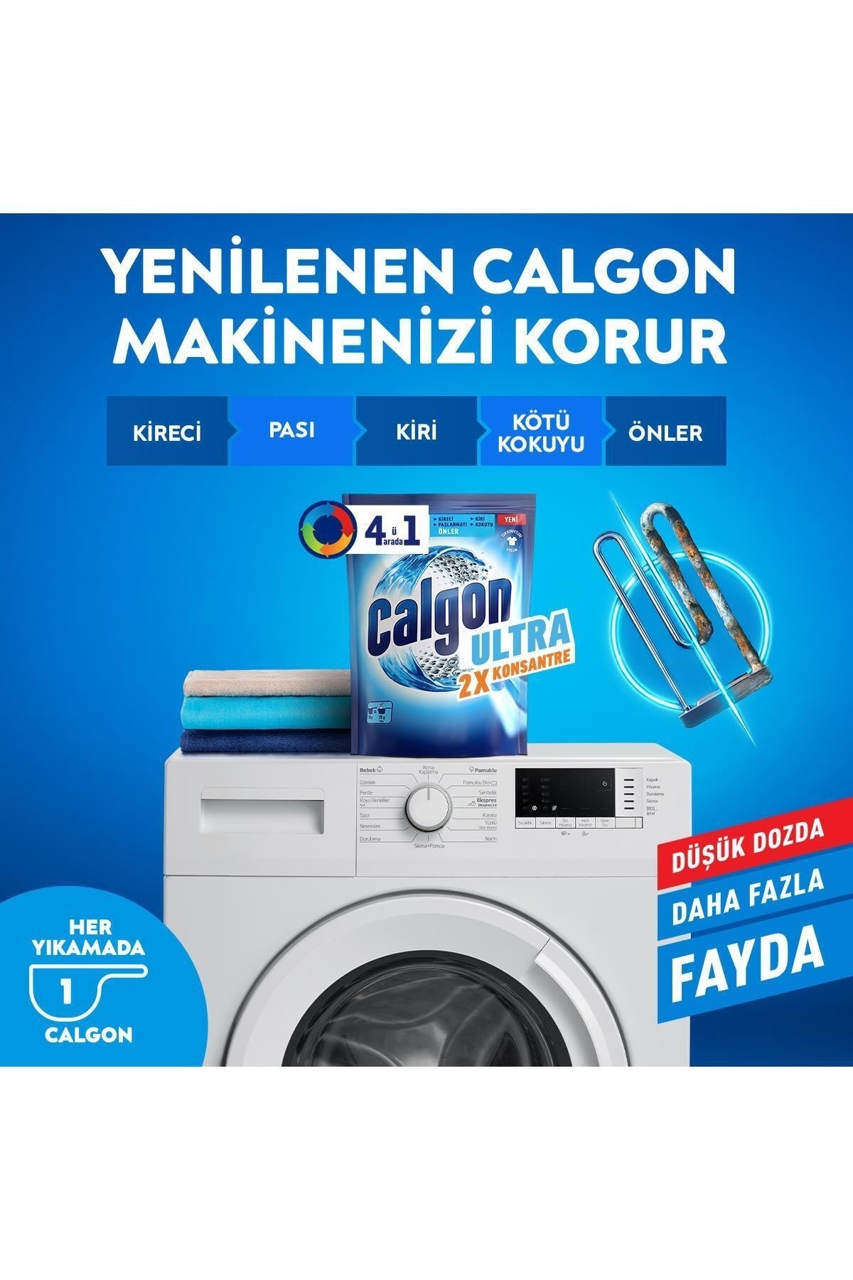 Calgon Power Kir, Pas, Kireç ve Koku Önleyici 4’ü 1 Arada Ultra Konsantre Toz 750 g x 2