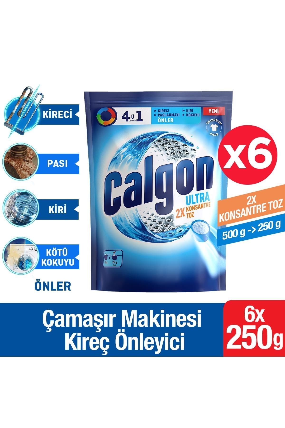 Calgon Power Kir, Pas, Kireç Ve Koku Önleyici 4’ü 1 Arada Ultra Konsantre Toz 250 G X 6