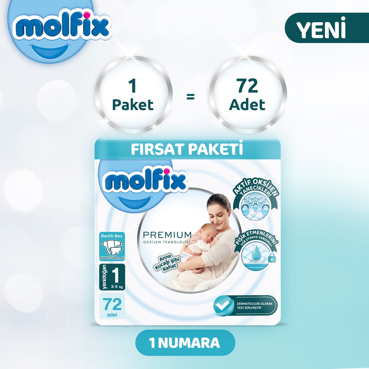 Molfix Premium Fırsat Paketi 1 Beden 72 Adet