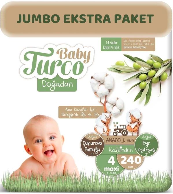 Baby Turco Doğadan 4 Numara Bebek Bezi 8-14 kg Maxi 240’LI Baby Turco Doğadan 4 Numara Bebek Bezi 8-14 kg Maxi 240’LI