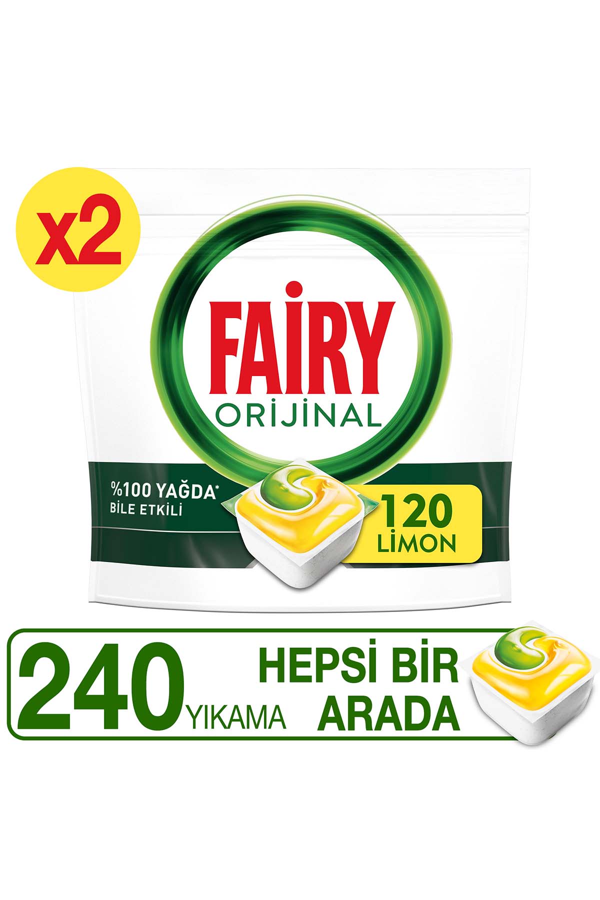 Fairy Hepsi Bir Arada Limon 120 Adet 2’li Paket Bulaşık Makinesi Tableti