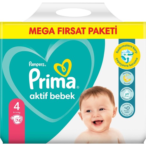 Prima Bebek Bezi Aktif Bebek Mega Fırsat Paketi 4 Beden 74’lü