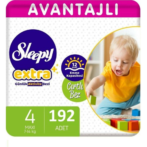 Sleepy Extra Günlük Aktivite Bezi 4 Numara Maxi 192 Adet 7-14 kg Sleepy Extra Günlük Aktivite Bezi 4 Numara Maxi 192 Adet 7-14 kg