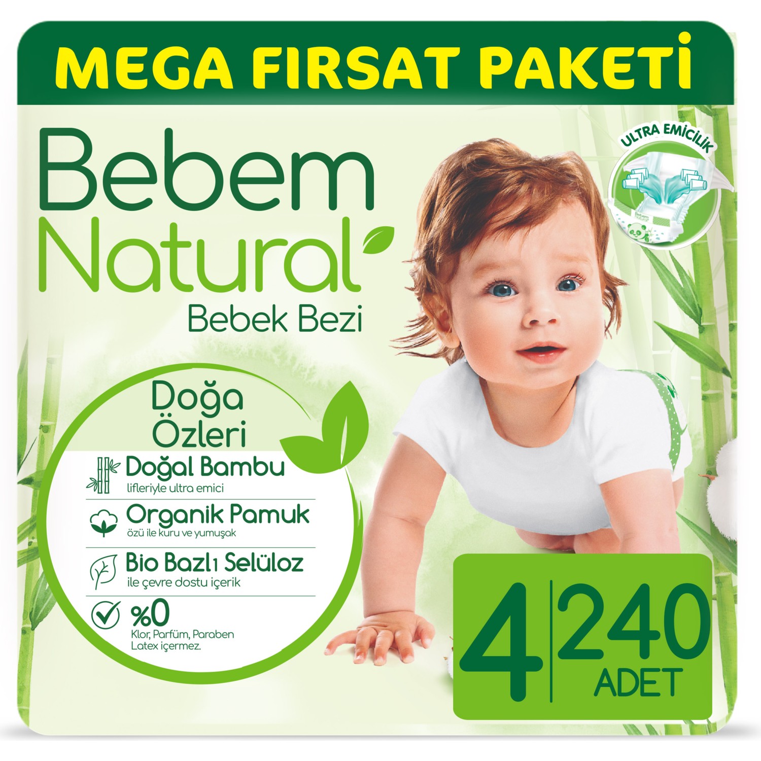 Bebem Natural Bebek Bezi 4 Beden Maxi Mega 240’lı