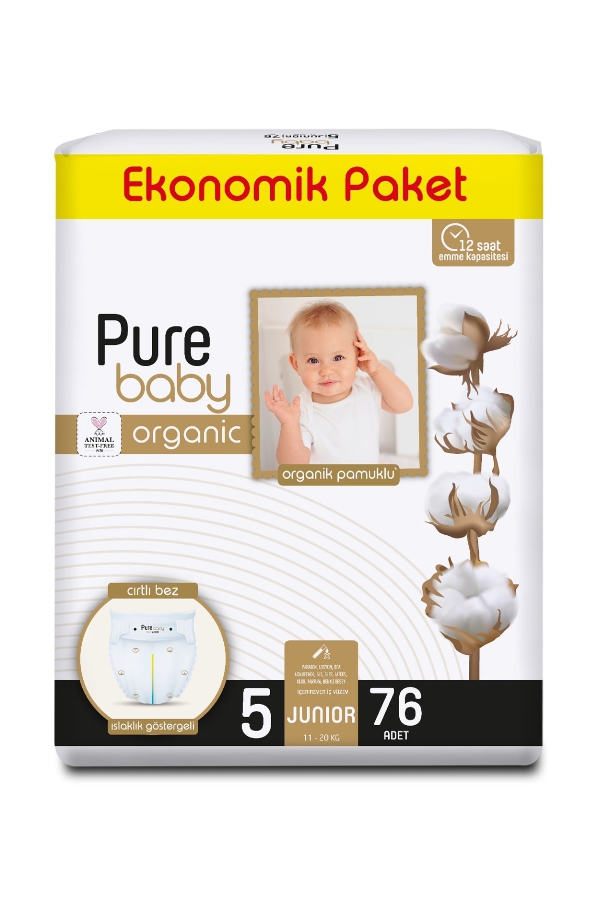 Pure Baby Organik Pamuklu Cırtlı Bez Ekonomik Paket 5 Numara Junior 76 Adet
