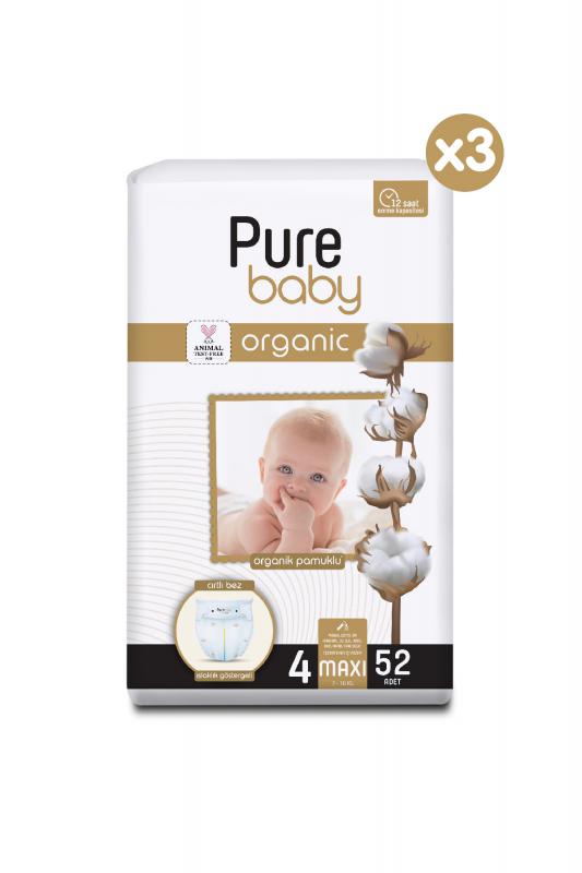 Pure Baby Organik Pamuklu Cırtlı Bez 3’Lü Paket 4 Numara Maxi 156 Adet