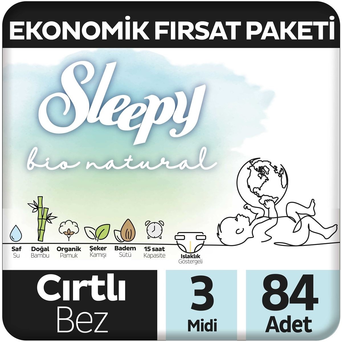 Sleepy Bio Natural Ekonomik Fırsat Paketi Bebek Bezi 3 Numara Midi 84 Adet