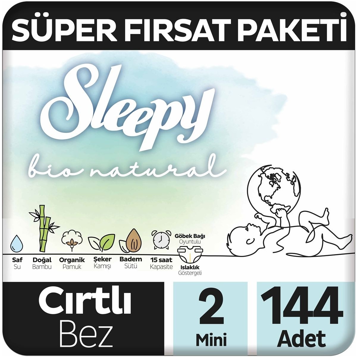 Sleepy Bio Natural Süper Fırsat Paketi Bebek Bezi 2 Numara Mini 144 Adet