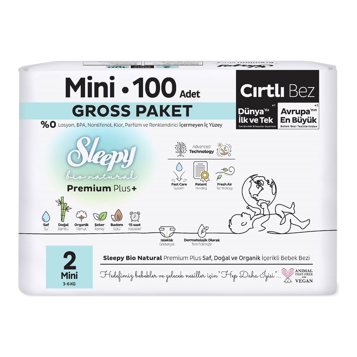 Sleepy Bio Natural Premium Plus Gross Paket Bebek Bezi 2 Numara Mini 100 Adet