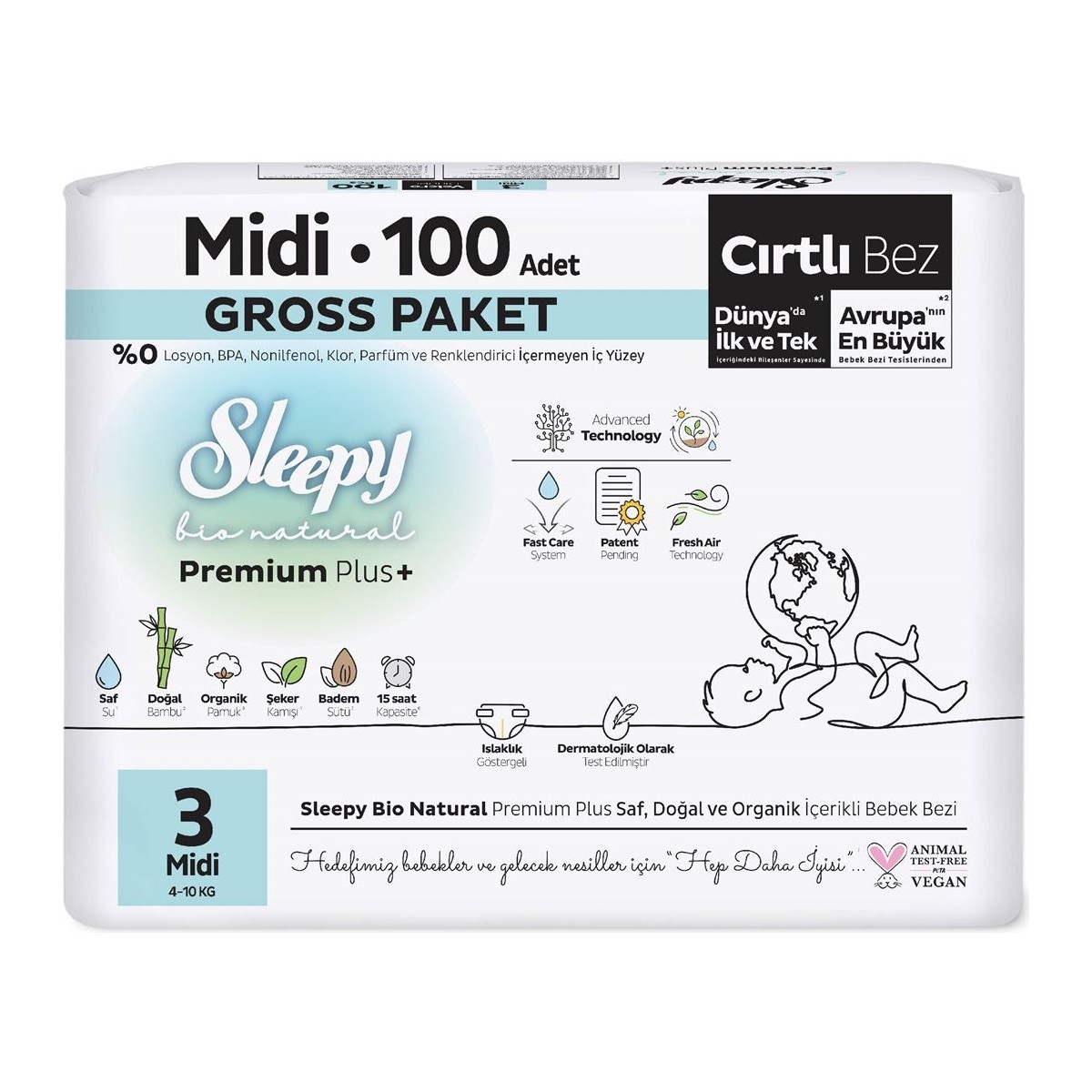 Sleepy Bio Natural Premium Plus Gross Paket Bebek Bezi 3 Numara Midi 100 Adet