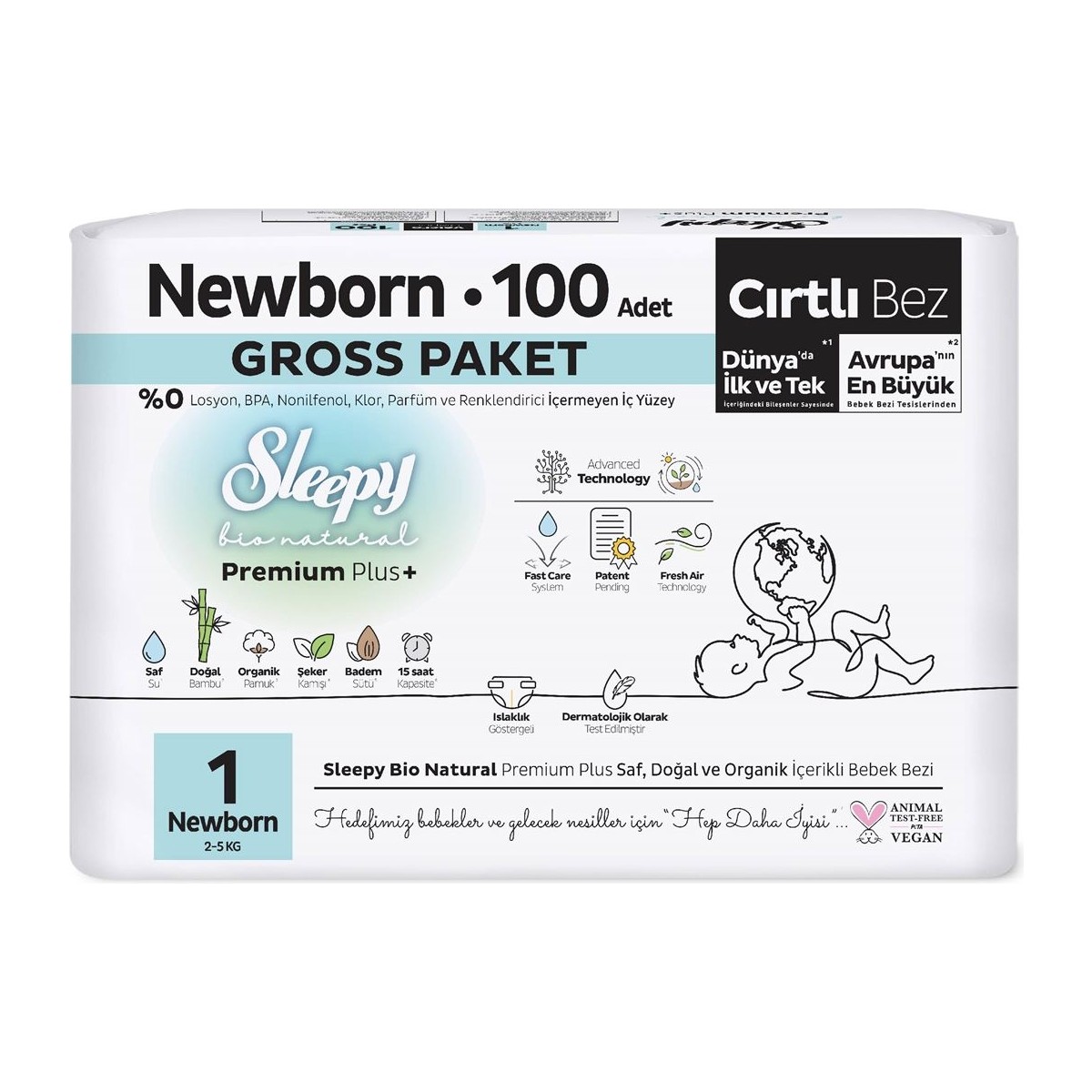Sleepy Bio Natural Premium Plus Gross Paket Bebek Bezi 1 Numara Newborn 100 Adet