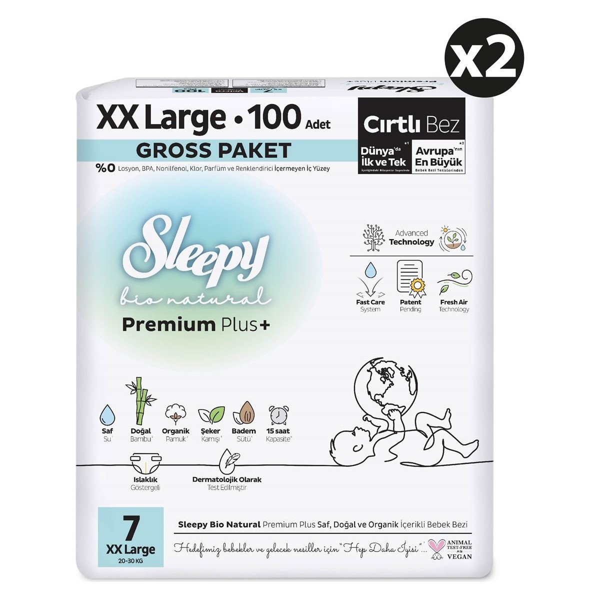 Sleepy Bio Natural Premium Plus Gross Paket Bebek Bezi 7 Numara Xxlarge 200 Adet