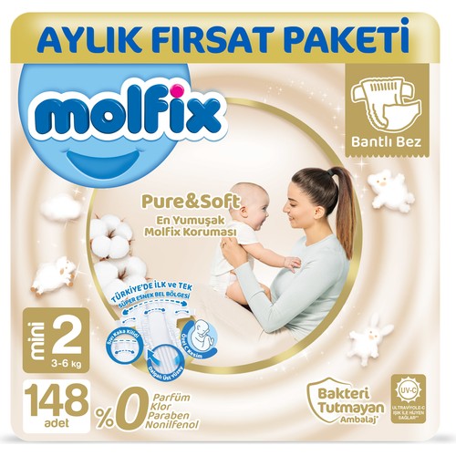 Molfix Pure&Soft 2 Beden Mini Aylık Fırsat Paketi 148 Adet