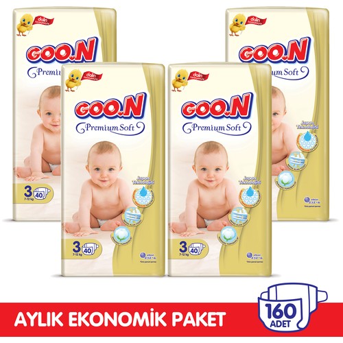 Goon Premium Soft Bebek Bezi 3 Beden Aylık Ekonomik Paket 160 Adet