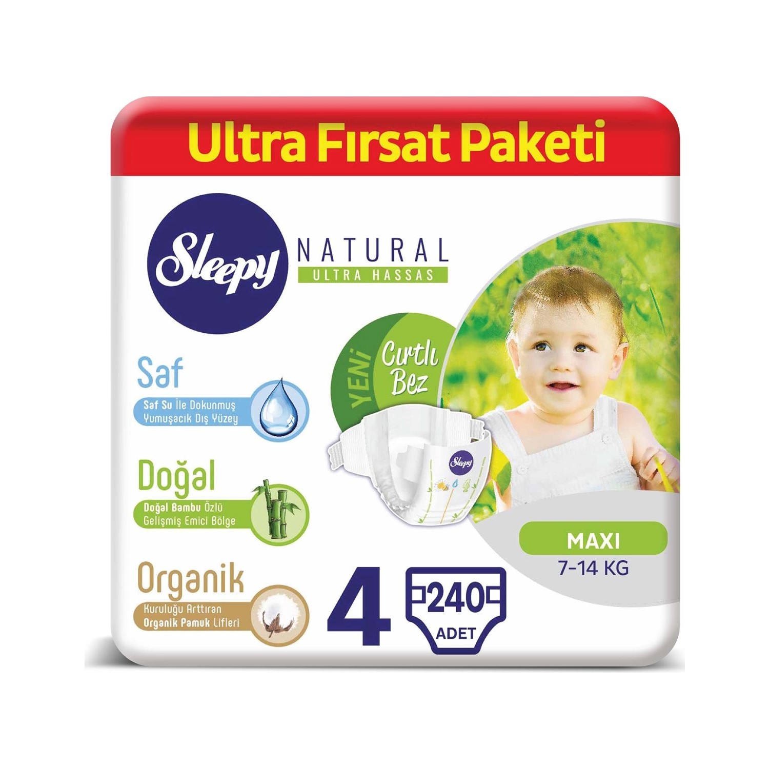 Sleepy Natural Bebek Bezi 4 Numara Maxi Ultra Fırsat Paketi 7 - 14 kg 240 lı